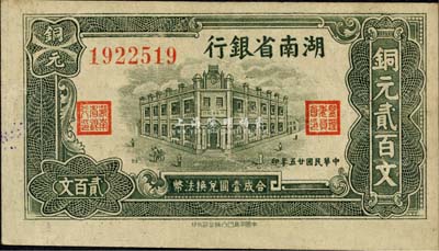 民國(guó)廿五年（1936年）湖南省銀行銅元貳百文，森本勇先生藏品，八成新