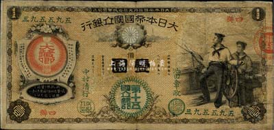大日本帝國國立銀行（1877年）壹圓，背印“東京·第十五國立銀行”字樣；臺灣藏家出品，少見，有修補，七成新