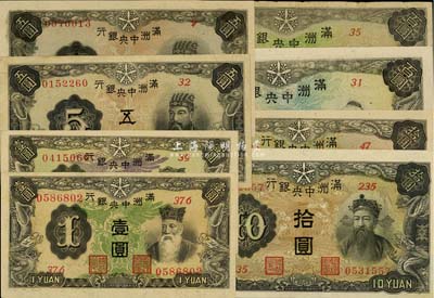 滿洲中央銀行共8枚不同，詳分：壹圓2種、五圓2種、拾圓2種、百圓2種，八成至全新