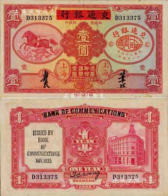 民國二十四年（1935年）中國實業銀行改交通銀行紅飛馬壹圓，D字軌，森本勇先生藏品，九五成新