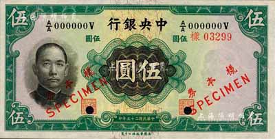 民國二十五年（1936年）中央銀行華德路版伍圓樣本券，正背共2枚，圓體號碼，李覺·黃秀峰簽名；森本勇先生藏品，全新