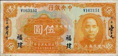 民國十五年（1926年）中央銀行大洋伍圓，福建地名，八成新