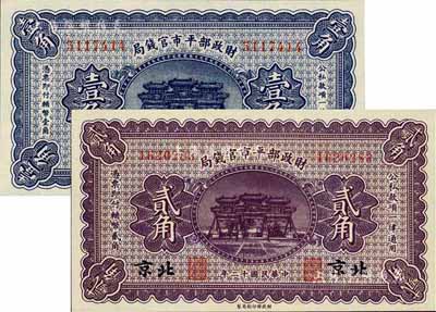 民國(guó)十二年（1923年）財(cái)政部平市官錢(qián)局壹角、北京貳角共2枚不同，臺(tái)灣藏家出品，全新