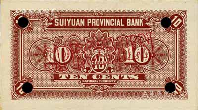 民國(guó)十七年（1928年）綏遠(yuǎn)平市官錢(qián)局財(cái)政部版壹角，僅背面樣本券，九八成新