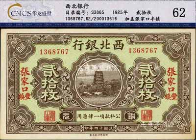 民國十四年（1925年）西北銀行銅元貳拾枚，張家口·豐鎮地名，未折九五成新