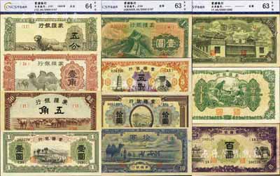 蒙疆銀行紙幣共11種，詳分：綿羊圖五分、駱駝圖壹角、駱駝圖五角、綿羊圖壹圓、長城圖壹圓、寶塔長城圖五圓、綿羊圖拾圓、駱駝圖短號拾圓、駱駝亭圖百圓、綿羊圖百圓、百靈廟圖百圓；除綿羊拾圓為八五成新外，其余約九六至全新，且均已評級，敬請預(yù)覽