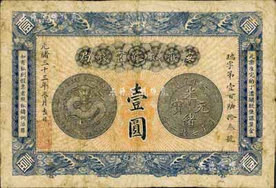 光緒三十三年（1907年）安徽裕皖官錢局壹圓，著名集鈔家柏文先生藏品，七五成新