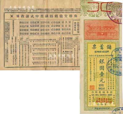 老彩票等共2件，詳分：清代晚期“奏辦安徽鐵路副票中式謝教單”1張，即為彩票之對獎單；民國七年（1918年）財政部特許新華儲蓄銀行發行“儲蓄票”銀圓壹元，此乃政府擔保之商業銀行老彩票；八成新