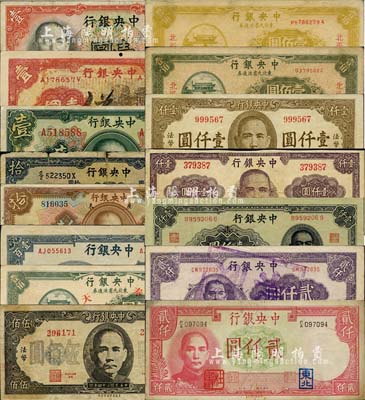 中央銀行假票共15種不同，詳分：1923年綠色壹圓(偽蓋“汕頭”地名)、棕色拾圓(偽蓋“南雄”地名)；1936年黑牌坊壹圓老假票、德納羅版壹圓偽蓋戳記、華德路版拾圓老假票；1942年貳仟圓偽蓋杜聿明券；1944年信托版壹百圓；1945年保安版伍佰圓、棕色壹仟圓、紫色壹仟圓、大東重慶廠壹仟圓、中央廠貳仟圓老假票；東北九省流通券壹佰圓偽蓋地名券3種；森本勇先生藏品，六至八成新，敬請
