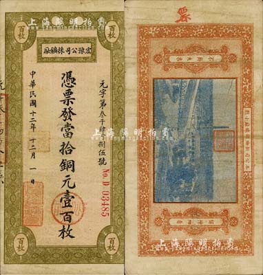 民國十二年（1923年）宏豫公司採鑛廠·當拾銅元壹百枚，背印該公司新鄉煉鐵廠照片圖；南寧劉紹峰先生藏品，少見，八成新