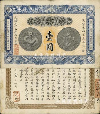 光緒三十三年（1907年）安徽裕皖官錢局壹圓，圖文特清晰，品相甚佳，唯邊有微修，八成新