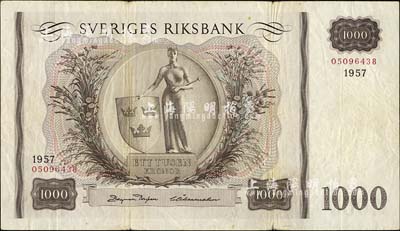 瑞典1957年1000克朗，此為最大面額券，海外藏家出品，七五成新