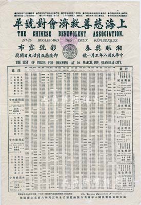 民國八年（1919年）上海慈善救濟會對號單1張，其上詳列“湘賑獎券”之對獎號碼，大型且少見，近八成新
