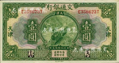 民國十六年（1927年）交通銀行綠色壹圓，天津地名，中間未折九六成新