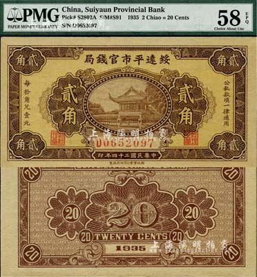 民國二十四年（1935年）綏遠平市官錢局貳角，西北實業公司印刷廠制，誠屬難得之一流品相，全新