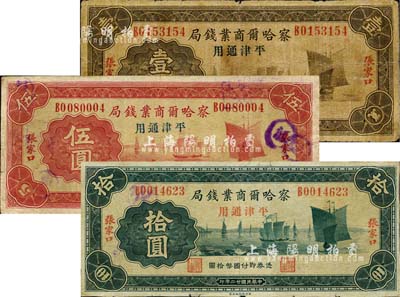 民國廿二年（1933年）察哈爾商業錢局壹圓、伍圓、拾圓共3枚全套，均為張家口·平津通用地名（無領券數字版，背面“平津通用”為楷體字樣者），屬第三版發行券；少見，七至八成新