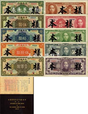 民國十七年（1928年）中央銀行壹圓、伍圓、拾圓、伍拾圓、壹百圓樣本券共5枚大全套，上海地名，背為李覺·席德懋簽名，附帶有樣本原冊；此乃上海中央銀行之第一版鈔券，此種簽名樣本存世稀少；森本勇先生藏品，源于香港前輩名家盧志用先生之舊藏，九五至全新