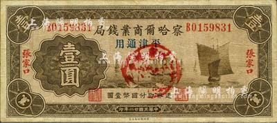 民國(guó)廿二年（1933年）察哈爾商業(yè)錢(qián)局壹圓，張家口·平津通用地名(背面“平津通用”字樣為楷體版)，正面加蓋“陽(yáng)原·察南銀行監(jiān)理官印”戳記，屬日偽政權(quán)發(fā)行；森本勇先生藏品，少見(jiàn)，七五成新