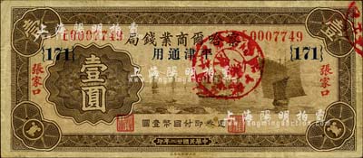民國(guó)廿二年（1933年）察哈爾商業(yè)錢(qián)局壹圓，張家口·平津通用地名(背面“平津通用”字樣為宋體版)，領(lǐng)券{171}號(hào)，正面加蓋“陽(yáng)原·察南銀行監(jiān)理官印”戳記，屬日偽政權(quán)發(fā)行；森本勇先生藏品，少見(jiàn)，七五成新
