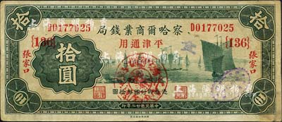 民國(guó)廿二年（1933年）察哈爾商業(yè)錢(qián)局拾圓，張家口·平津通用地名，正面加蓋“陽(yáng)原·察南銀行監(jiān)理官印”戳記，屬日偽政權(quán)發(fā)行；森本勇先生藏品，少見(jiàn)，七五成新