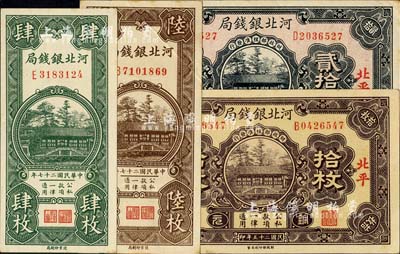 河北銀錢局銅元票4種，詳分：1936年拾枚、貳拾枚，北平地名；1938年肆枚、陸枚；臺灣明德堂藏品，九至九八成新