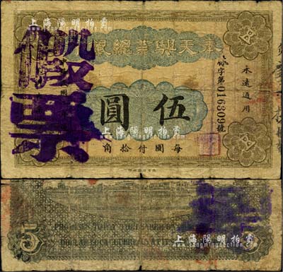 民國(guó)二年（1913年）奉天興業(yè)總銀行北洋版伍圓，上蓋“假票”戳記，乃屬歷史同時(shí)期之老假票；罕見(jiàn)，近七成新