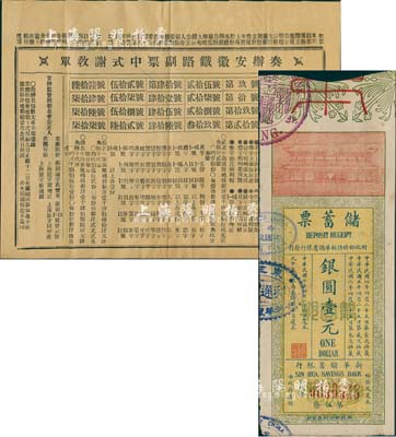 老彩票等共2件，詳分：清代晚期“奏辦安徽鐵路副票中式謝教單”1張，即為彩票之對獎單；民國七年（1918年）財政部特許新華儲蓄銀行發行“儲蓄票”銀圓壹元，此乃政府擔保之商業銀行老彩票；八成新