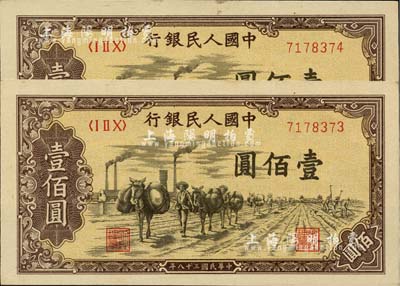 第一版人民幣“馱運”壹佰圓共2枚連號，未折九五至九八成新