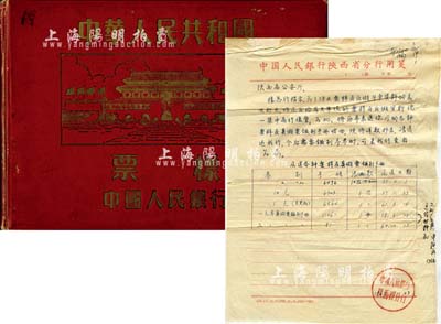 中國人民銀行第二版人民幣票樣冊1本，內中為空冊，但首頁貼有1967年“中國人民銀行陜西省分行致陜西省公安廳”公函一則，其內容為要求省公安廳將各種票樣及真假票鑑別手冊收回，并送回銀行等情；保存尚佳，敬請預覽