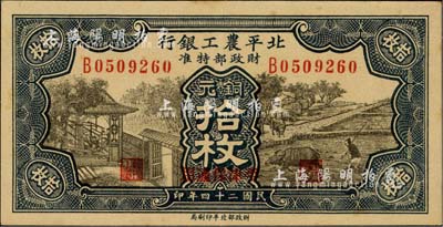 民國二十四年（1935年）北平農工銀行銅元拾枚，平津保通用；臺灣明德堂藏品，九五成新