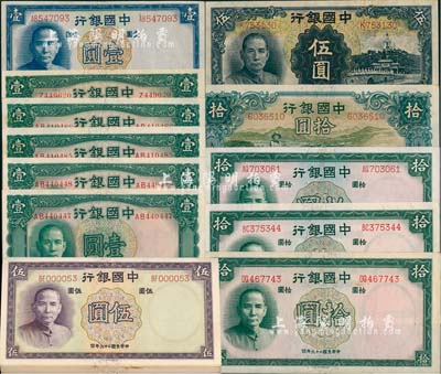 中國銀行德納羅版紙幣一組共33枚，詳分：1934年牧羊圖天津拾圓，1935年伍圓，1936年壹圓5枚，1937年壹圓1枚、伍圓22枚、拾圓3枚；臺灣明德堂藏品，除3枚為九成新外，其余約九八至全新，敬請預覽