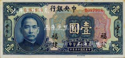 民國十五年（1926年）中央銀行大洋壹圓，福建地名；臺灣明德堂藏品，未折九六成新