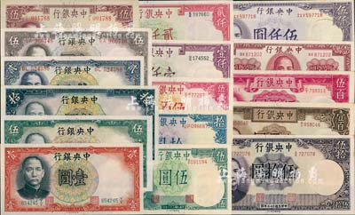 中央銀行德納羅版法幣共16種不同，詳分：1936年壹圓、伍圓、拾圓，1941年孔林貳圓、孔林伍圓、岳陽樓伍圓，1942年伍圓、拾圓、伍百圓、壹仟圓、貳仟圓，1944年伍拾圓、壹百圓、伍百圓，1947年伍仟圓、壹萬圓；臺灣明德堂藏品，九六至全新