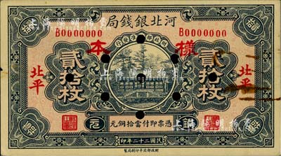 民國二十二年（1933年）河北銀錢局銅元貳拾枚樣本券，正背共2枚，北平地名；柏文先生藏品，未折九成新
