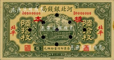 民國二十二年（1933年）河北銀錢局銅元陸拾枚樣本券，正背共2枚，北平地名；柏文先生藏品，未折九五成新