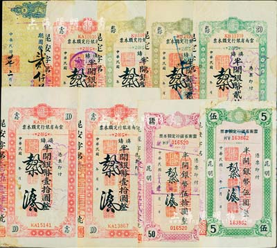 民國三十八年（1949年）云南省銀行定額本票共8枚，詳分：昆明地名半開銀幣伍圓、伍拾圓；無地名版滇鑄半開銀幣壹拾圓3枚、貳拾圓3枚；七至八五成新（另附送：中國僑民銀公司昆明儲蓄部本票1枚，面額期國幣貳仟萬元）