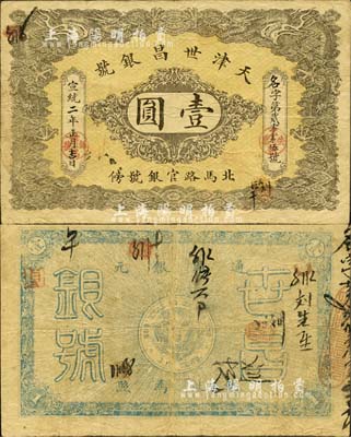 宣統二年（1910年）天津世昌銀號壹圓，址設北馬路官銀號傍，上印雙龍戲珠圖，背印北洋銀幣；森本勇先生藏品，罕見，近八成新（注：此券與“天津德和錢號”壹圓券圖案相同，較易混淆，收藏家應注意區分！）