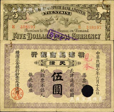 民國七年（1918年）橫濱正金銀行·天津通用銀圓伍圓，正票改見本，天津地名；森本勇先生藏品，少見，七成新