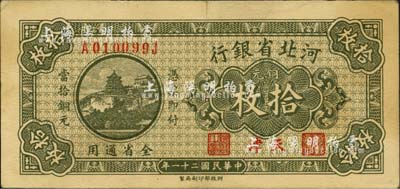 民國廿一年（1932年）河北省銀行銅元拾枚，天津地名，九成新