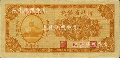 民國廿一年（1932年）河北省銀行銅元貳拾枚，天津地名，八成新