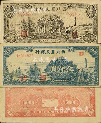 民國三十七年（1948年）西北農民銀行寶塔田野圖伍仟圓、壹萬圓共2枚不同，柏文先生藏品，八至九成新