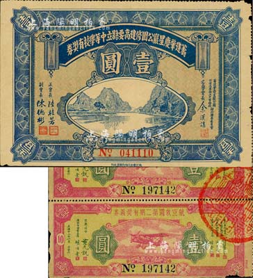 民國廿二年（1933年）廣東老彩票3枚，詳分：籌建肇慶星巖公園修建高要縣立中等學校有獎券壹圓1枚，上有名譽會長余漢謀等簽名；航空救國第二期有獎義券壹圓共2枚聯體，乃屬抗戰題材之老彩票；七至八成新，敬請預覽