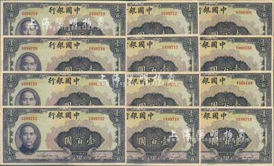 民國二十九年（1940年）中國銀行美鈔版壹百圓共12枚，重慶地名，單面號(hào)單字軌，部分連號(hào)；海外回流，除2枚九成外，其余約九八成新，敬請(qǐng)預(yù)覽