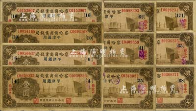 民國廿二年（1933年）察哈爾商業(yè)錢局壹圓加字券共10種不同，張家口·平津通用地名，分別加印{4}、{6}、{10}、{16}、{35}、{41}、{62}、{65}、{68}、{171}領(lǐng)券數(shù)字；七至七五成新，敬請(qǐng)預(yù)覽