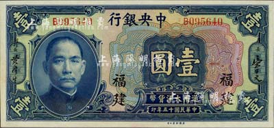 民國十五年（1926年）中央銀行大洋壹圓，福建地名，九八成新