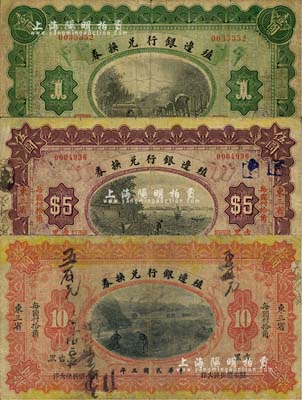 民國三年（1914年）殖邊銀行兌換券小洋壹圓、伍圓、拾圓共3枚全套，東三省·吉黑地名，七成新