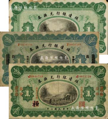 民國三年（1914年）殖邊銀行兌換券壹圓共3種不同，詳分：浙江改長春地名、奉天改長春地名、無職章號碼之半成品券，其中1枚邊有貼補，七至八成新