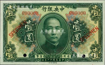 民國十二年（1923年）中央銀行第一版綠色壹圓樣本券，長框版，尺寸125×76mm，全新