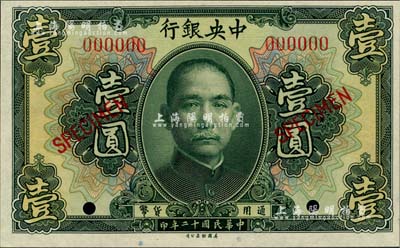 民國十二年（1923年）中央銀行第一版綠色壹圓樣本券，尺寸123×76mm，全新