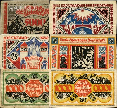 1918至1921年德國緊急狀態(tài)特殊材質(zhì)布幣共6種不同，詳分：25馬克絲綢幣、25馬克帆布幣、500馬克絲綢幣、綠色1000馬克布幣、桔色1000馬克布幣、5000馬克亞麻布幣；德國藏家出品，八五至全新